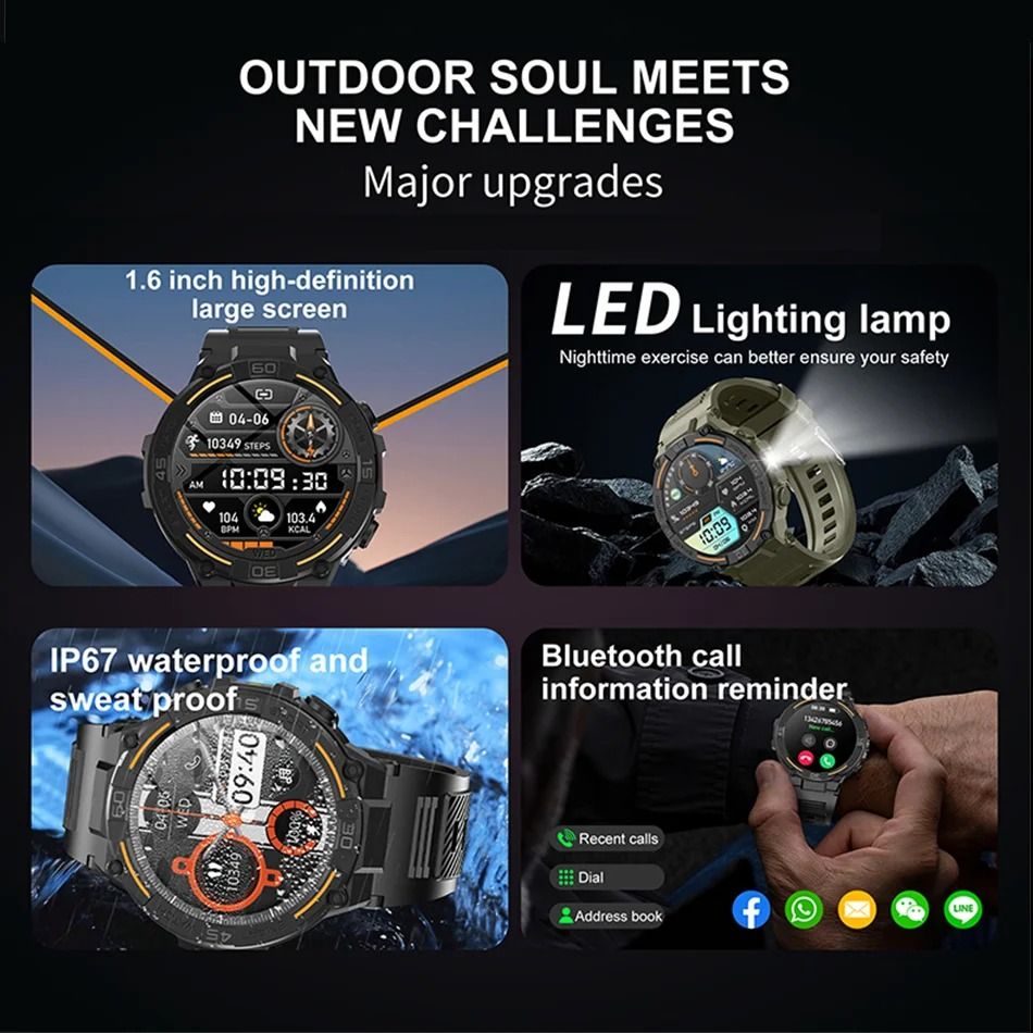 HW50 Smart Watches 1.6 Large Screen Bluetooth Calling LED Light Lamp AI Voice Health Monitoring Men Outdoor Sports Smartwatches