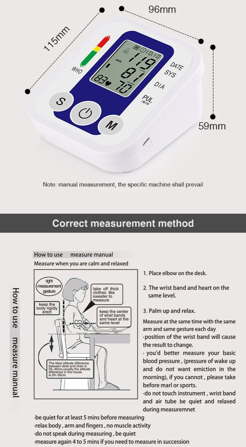 Portable Digital Upper Arm Blood Pressure Monitor Measurement Tool Portable LCD Digital Tonometer Sphygmomanometer Tensiometer Heart Rate Pulse Meter BP Monitor