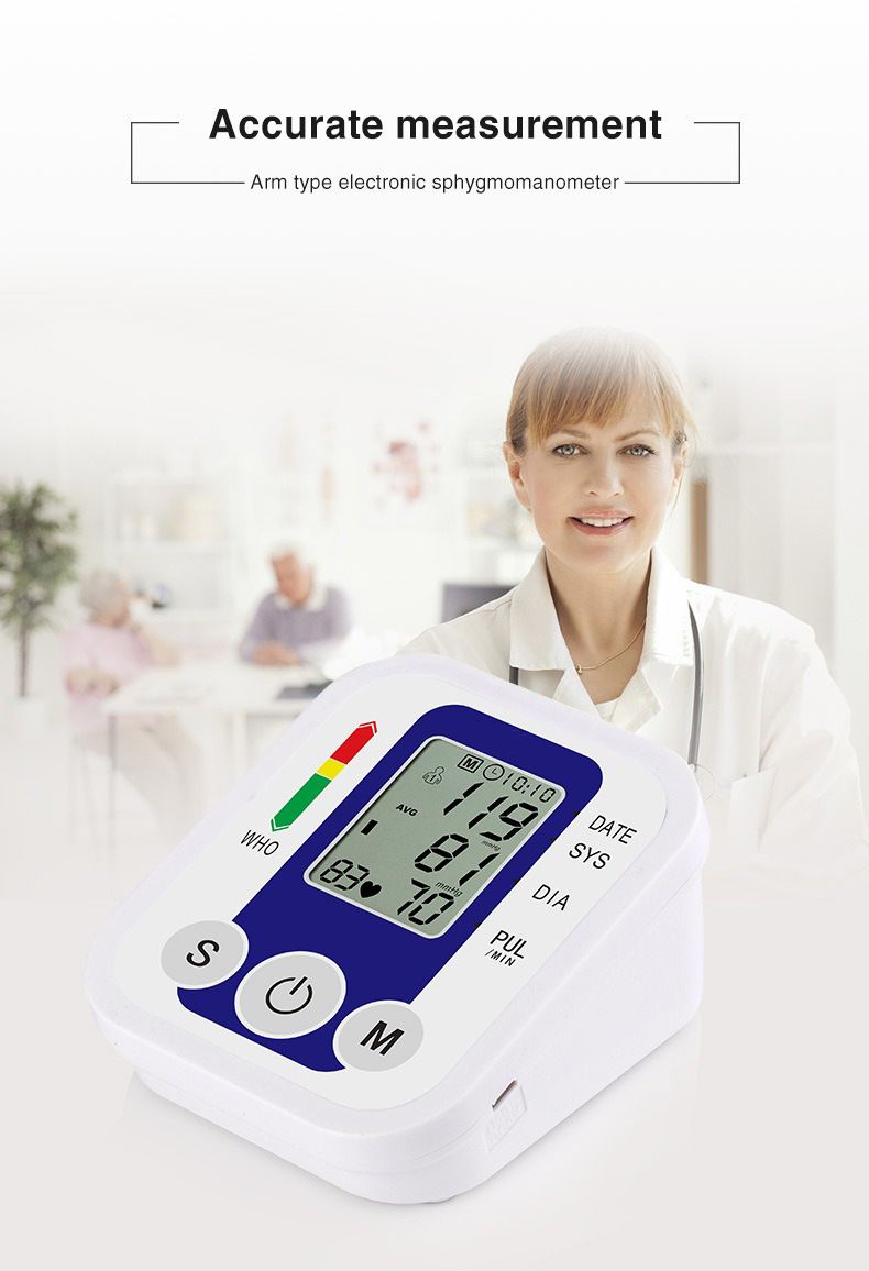 Portable Digital Upper Arm Blood Pressure Monitor Measurement Tool Portable LCD Digital Tonometer Sphygmomanometer Tensiometer Heart Rate Pulse Meter BP Monitor