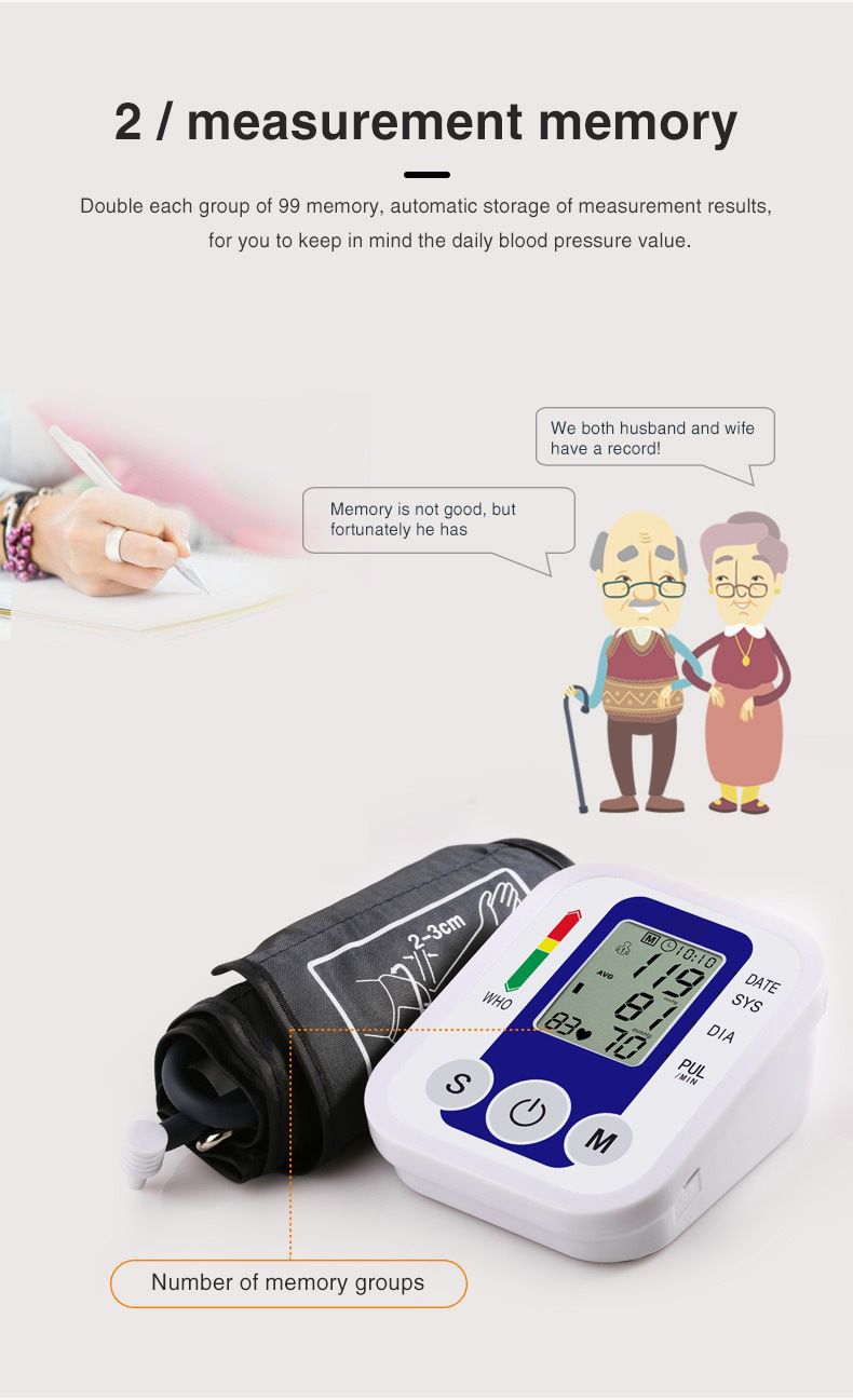 Portable Digital Upper Arm Blood Pressure Monitor Measurement Tool Portable LCD Digital Tonometer Sphygmomanometer Tensiometer Heart Rate Pulse Meter BP Monitor
