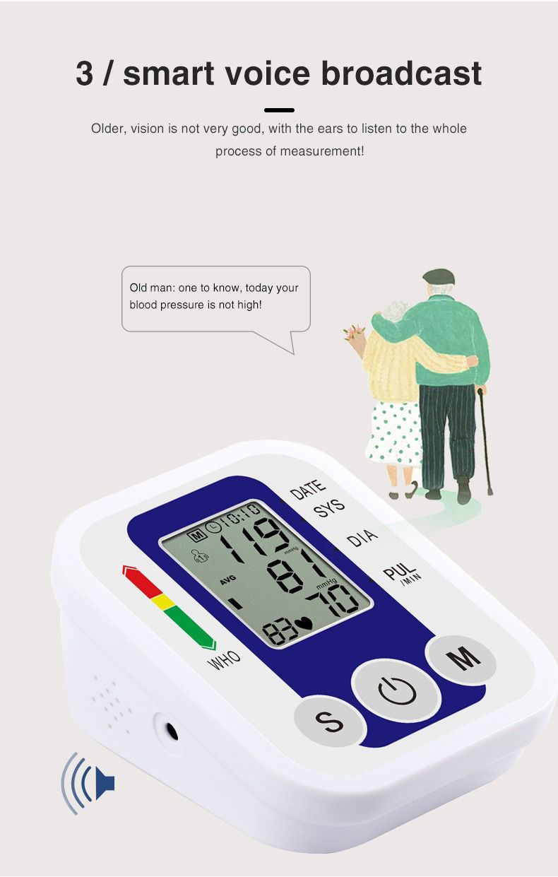 Portable Digital Upper Arm Blood Pressure Monitor Measurement Tool Portable LCD Digital Tonometer Sphygmomanometer Tensiometer Heart Rate Pulse Meter BP Monitor