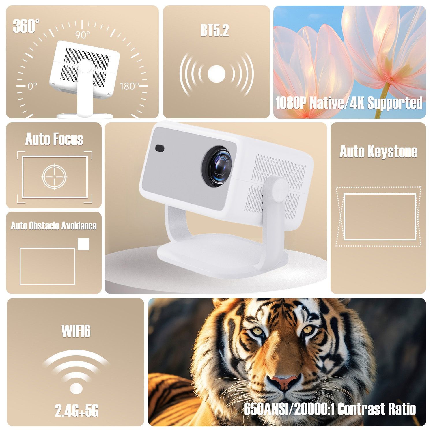 650ANSI L018 4K Native Portable Projector 1080P Auto Focus Keystone Correction Android 11 BT5.2 WIFI6 360° Home Cinema