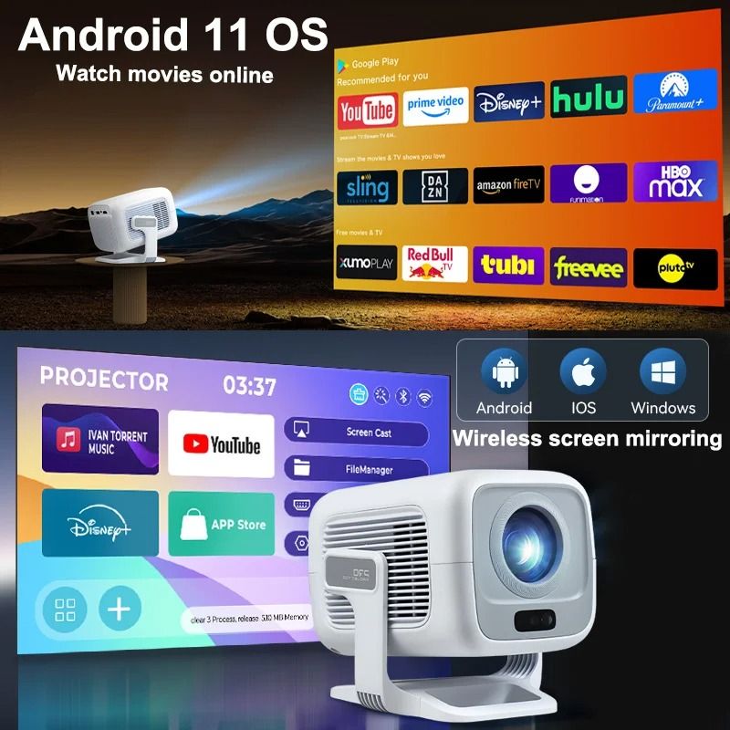 2025 New Auto Focus 4K HD 1920*1080P 420ANSI Portable Projector Android 11 BT5.4 Built 5W HiFi Speaker For Home Theater