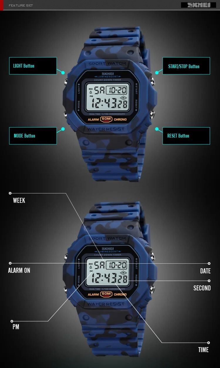 SKMEI 1628 Military Digital Watch for Men Sports Waterproof Shockproof Mens Wristwatches LED Didplay Alarm Clock