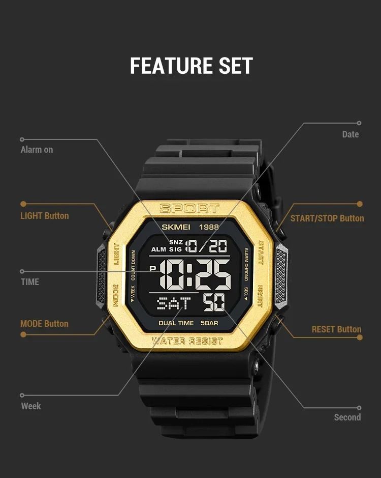 SKMEI 1988 Digital Sport Watch for Men LED Display Military Countdown Military Wristwatches Waterproof Mens