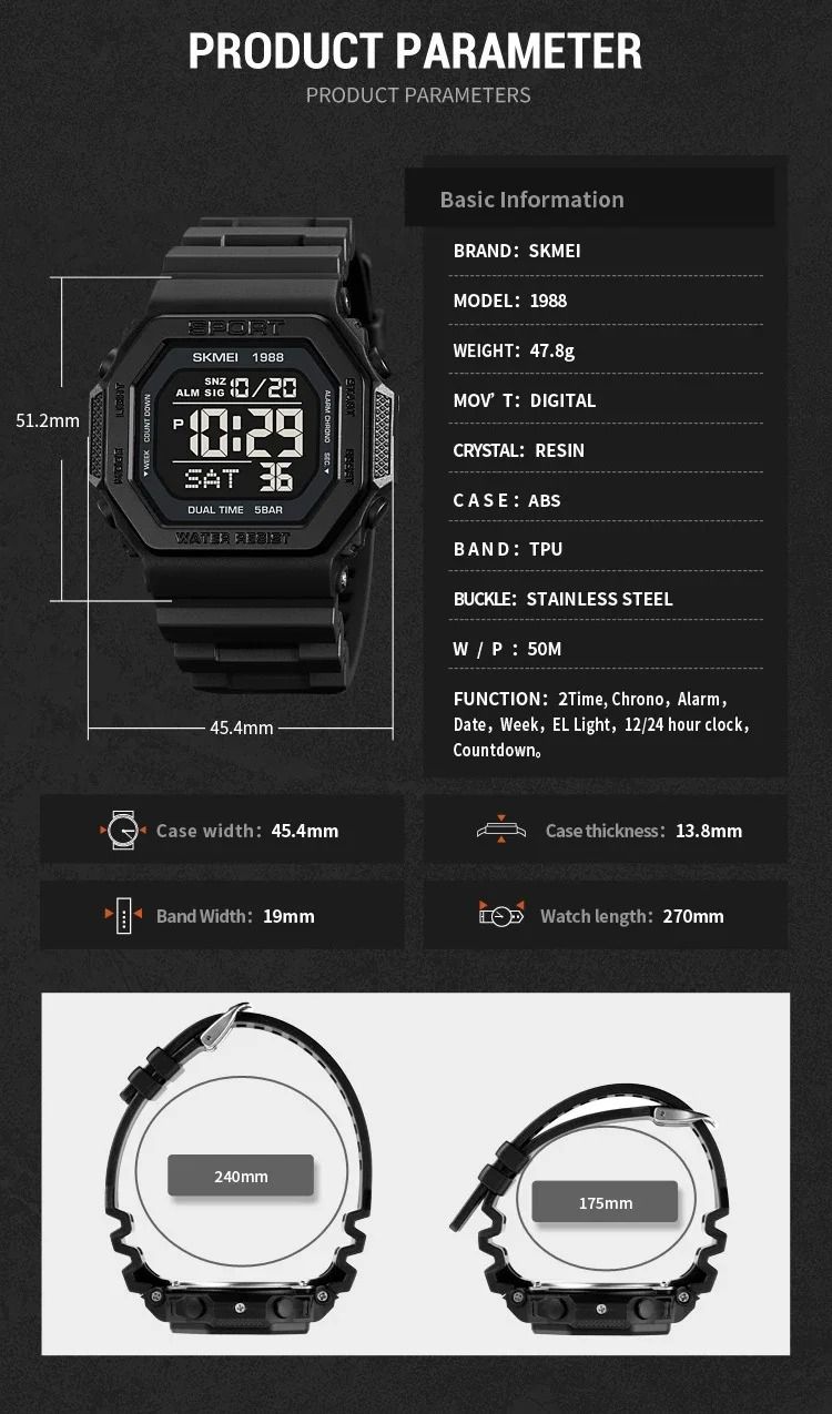 SKMEI 1988 Digital Sport Watch for Men LED Display Military Countdown Military Wristwatches Waterproof Mens