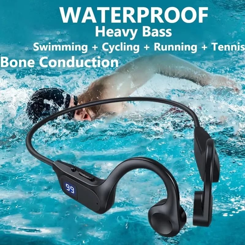 Bone Conduction Headphones Bluetooth Earphones Waterproof  Earphones Sports Earphones Ear Hook Wireless Headset Bass Hifi Stereo With LED Display Support Memory Card