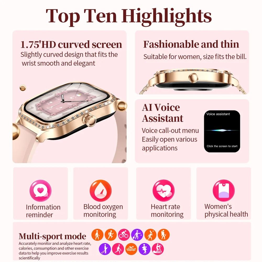 2026 New Steel Smart Watches Women 1.75" HD Display Heart Rate Sport Fitness IP68 Waterproof BT Call Smartwatches For Lady Gift