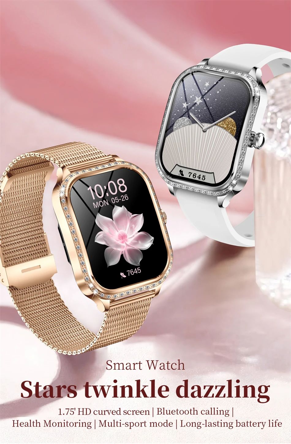 2026 New Steel Smart Watches Women 1.75" HD Display Heart Rate Sport Fitness IP68 Waterproof BT Call Smartwatches For Lady Gift