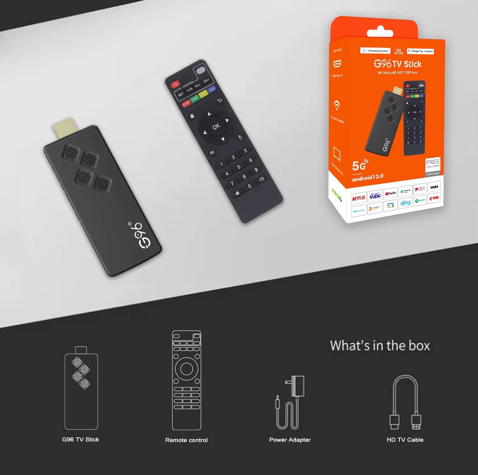 G96 High-performance Android 13.0 8k ATV H313 2GB RAM 8GB ROM Smart TV Stick Infrared Remote Control TV BOX Dual Wifi