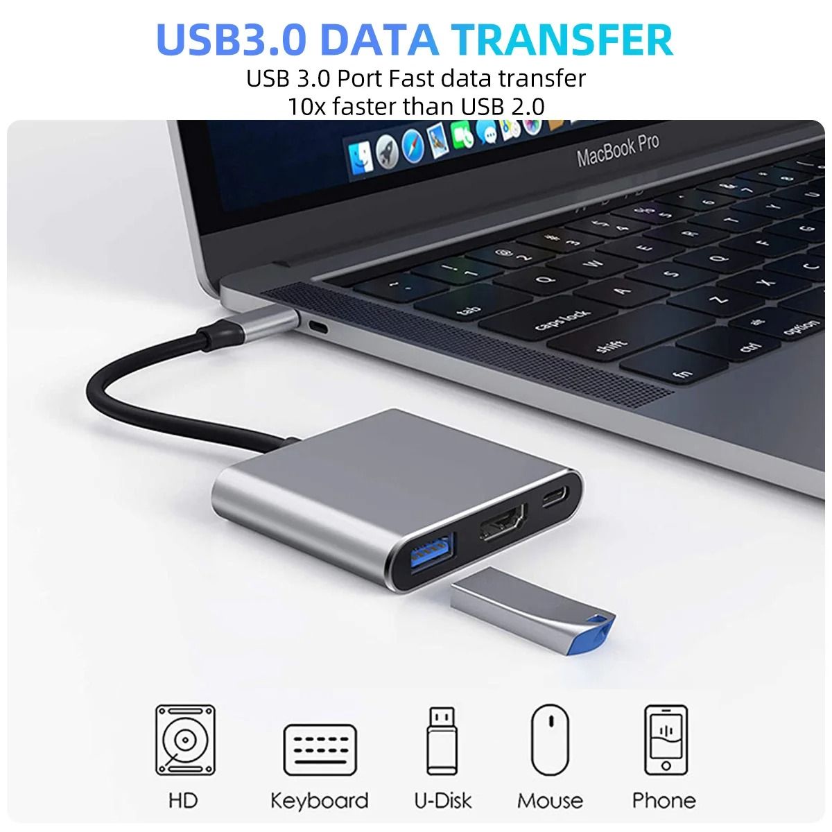 3 in 1 Usb Hub USB C to HDMI-compatible Splitter HUB Type-c to HDMI-compatible USB3.0 Docking Station For Macbook Air Converter