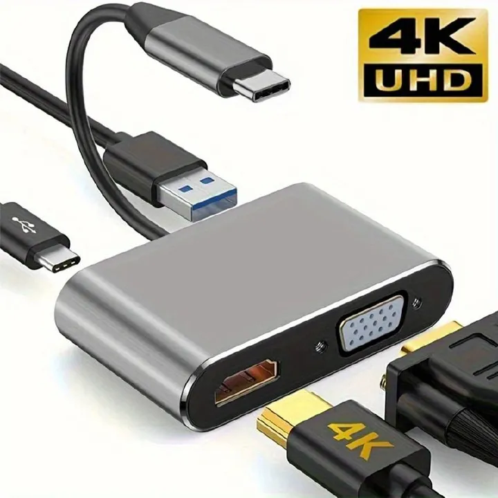 4 in 1 USB C Hub Multiport Adapter Docking Station Type C to 4K HDTV HDMI VGA 100W PD Fast Charge Splitter for  Laptop