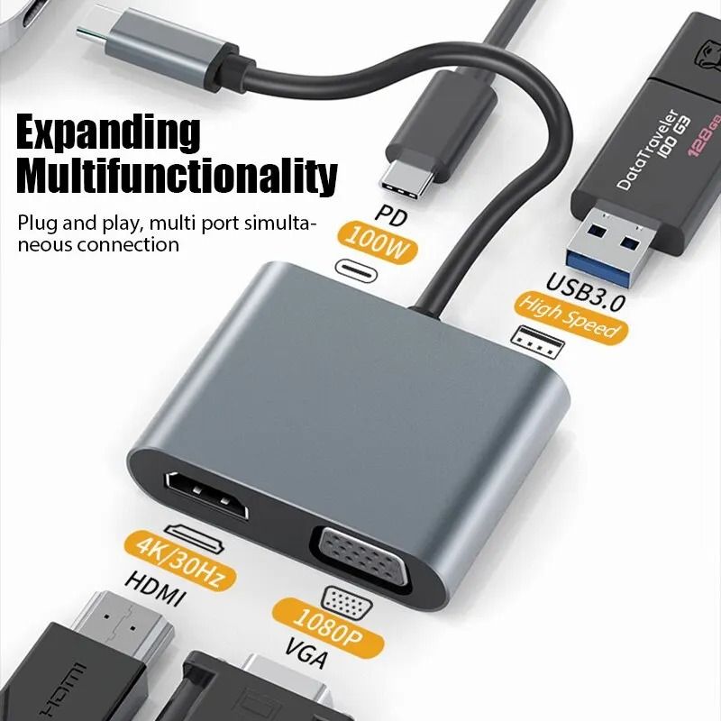 4 in 1 USB C Hub Multiport Adapter Docking Station Type C to 4K HDTV HDMI VGA 100W PD Fast Charge Splitter for  Laptop