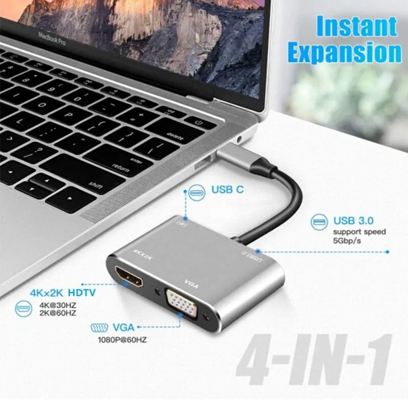 4 in 1 USB C Hub Multiport Adapter Docking Station Type C to 4K HDTV HDMI VGA 100W PD Fast Charge Splitter for  Laptop