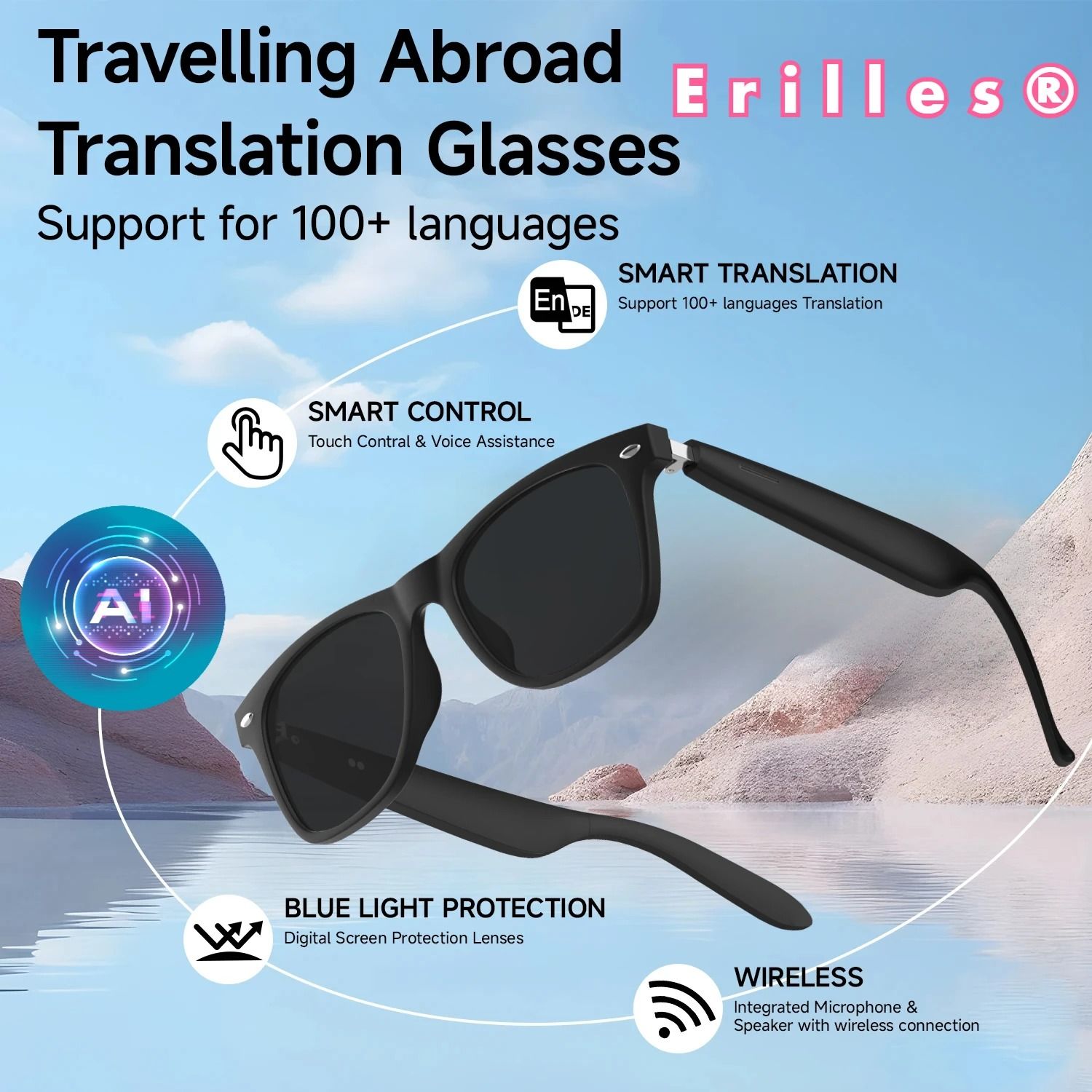 New AI Translation Smart Glasses Bluetooth Call Headphones UV Protective Lenses Connected Bezel Outdoor Sports Sunglasses
