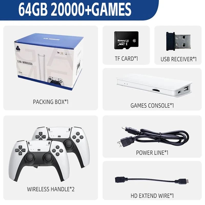 New 4K TV Game Stick 64GB Built-in 30000+ Retro Games Console with Wireless Gamepads Supports 20+ Simulators For HD TV Gaming