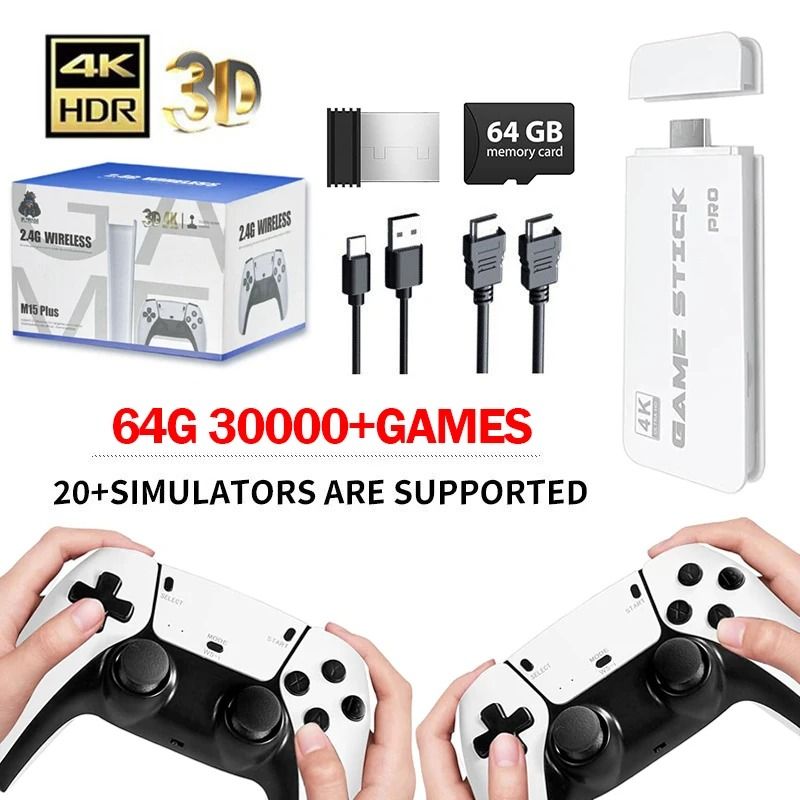 New 4K TV Game Stick 64GB Built-in 30000+ Retro Games Console with Wireless Gamepads Supports 20+ Simulators For HD TV Gaming