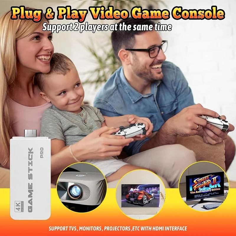 New 4K TV Game Stick 64GB Built-in 30000+ Retro Games Console with Wireless Gamepads Supports 20+ Simulators For HD TV Gaming