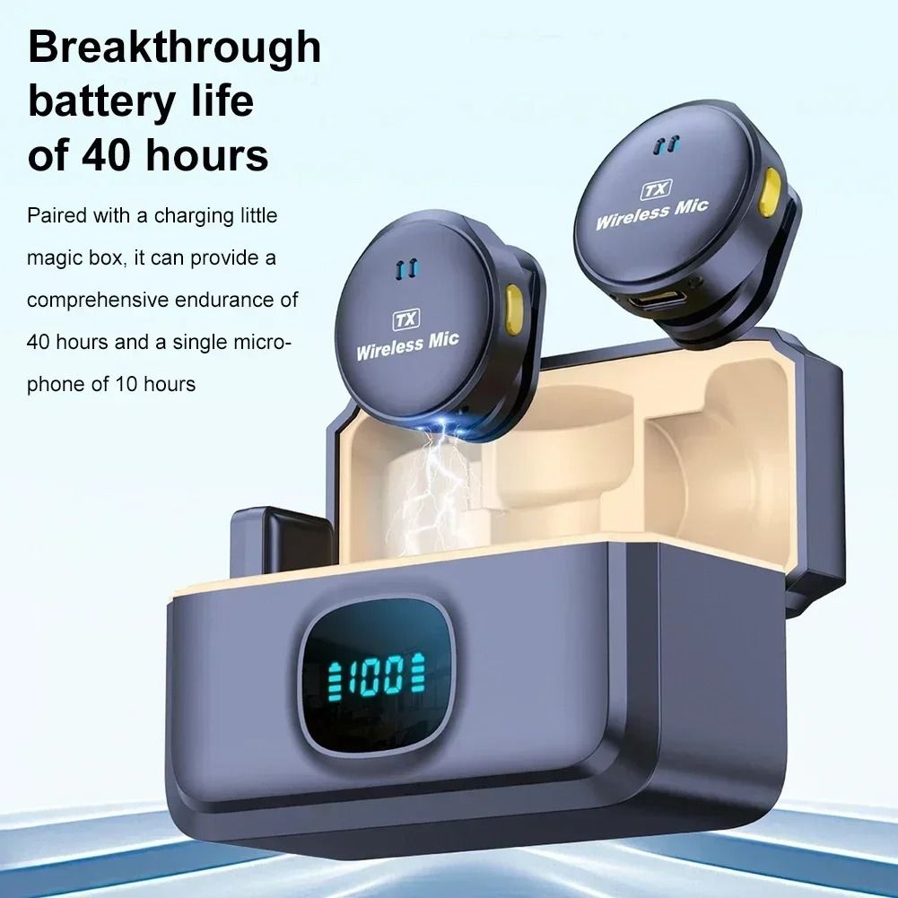 2pcs/set Wireless Magnetic Button Collar Microphone 164ft Range Lapel Mic 40H Battery Lavalier Mic with Charging Case for Video Recording With Power Bank
