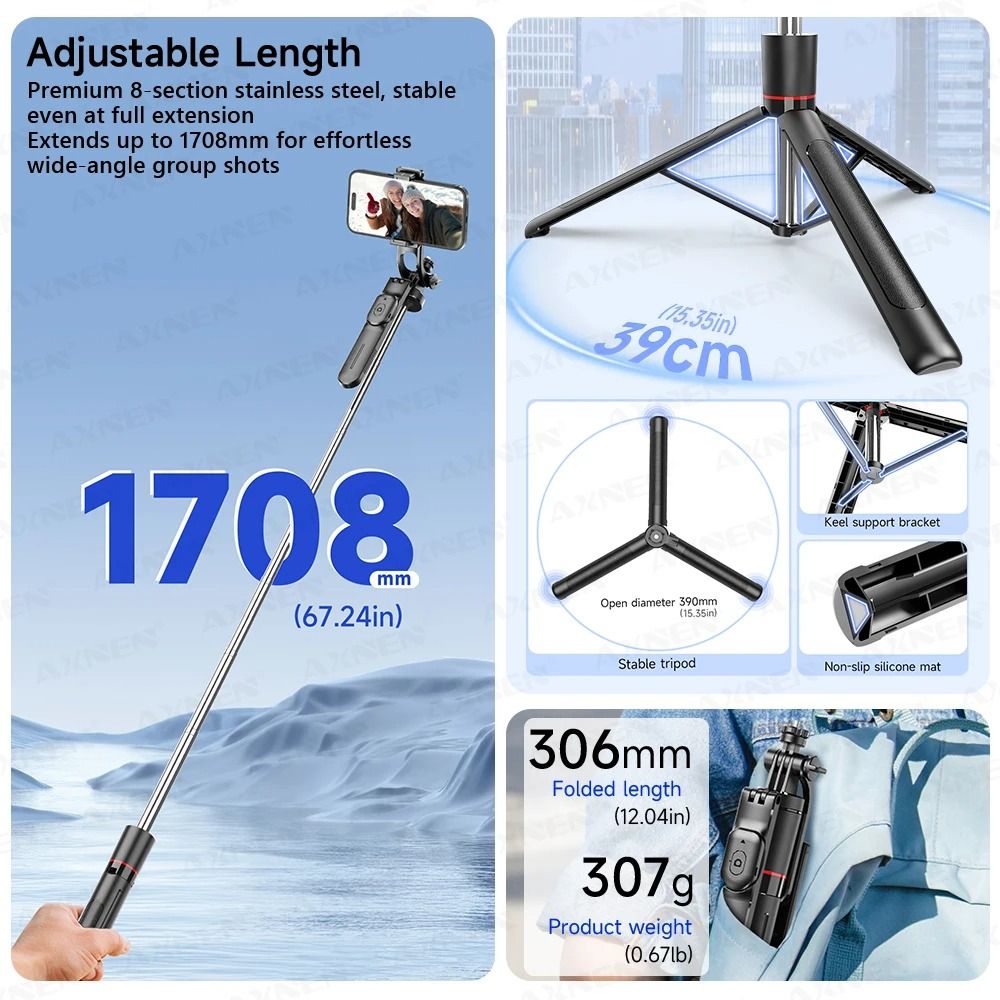Phone Selfie Stick Tripod Wireless Phone Holder With 1708mm Long 8-Section Pole Bluetooth Remote 360° Rotation 1/4 Interface For Phone Camera Vlog Photo Video