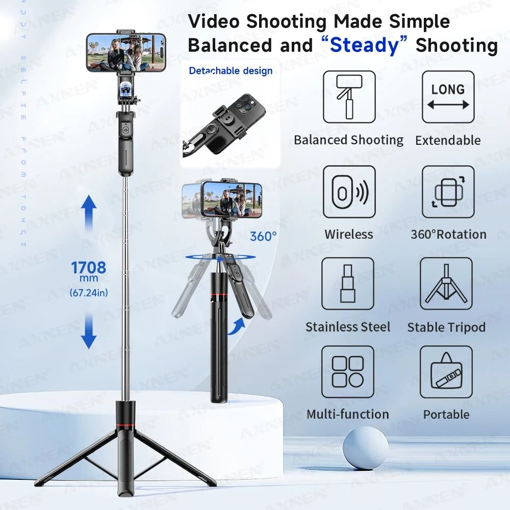 Phone Selfie Stick Tripod Wireless Phone Holder With 1708mm Long 8-Section Pole Bluetooth Remote 360° Rotation 1/4 Interface For Phone Camera Vlog Photo Video