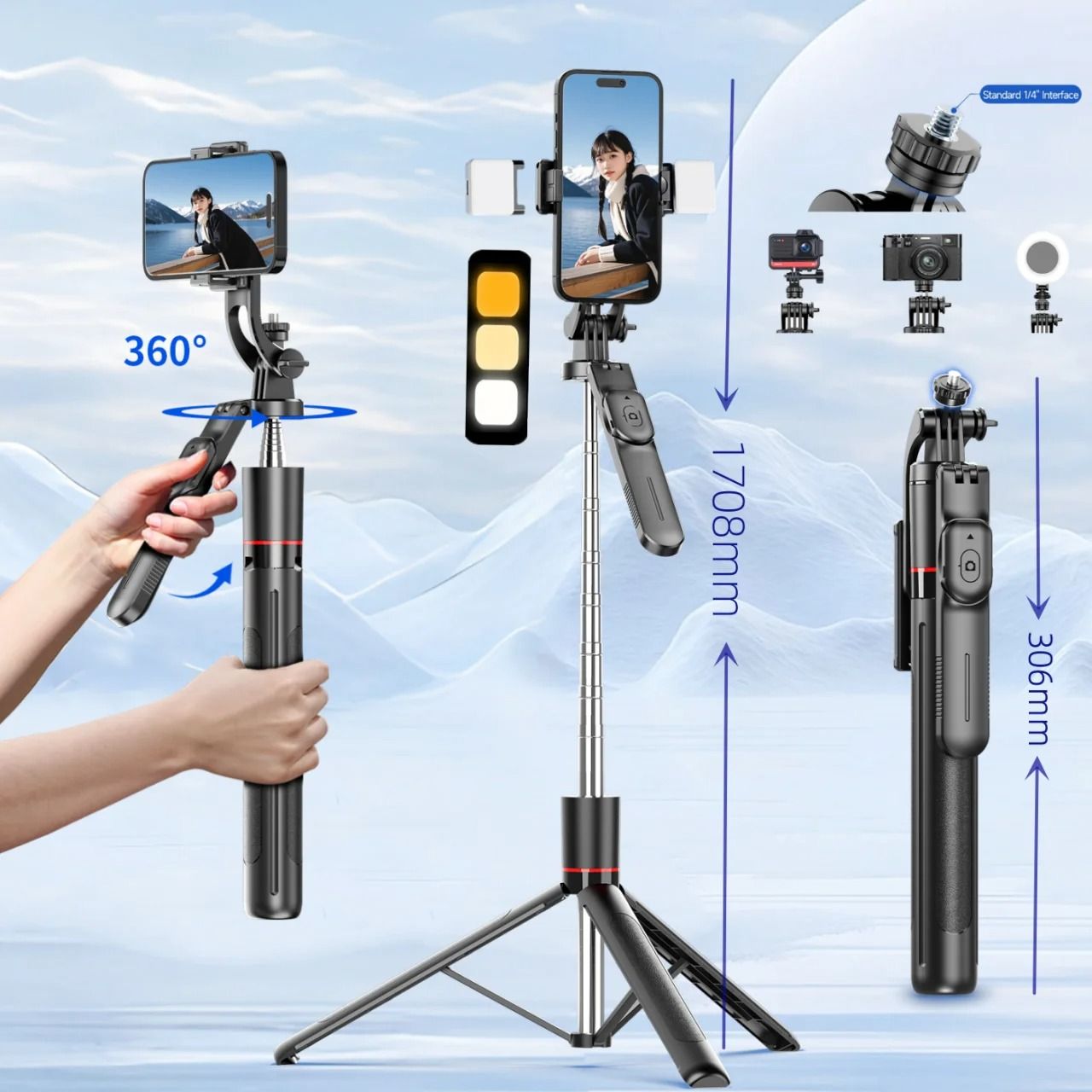 Phone Selfie Stick Tripod Wireless Phone Holder With 1708mm Long 8-Section Pole Bluetooth Remote 360° Rotation 1/4 Interface For Phone Camera Vlog Photo Video
