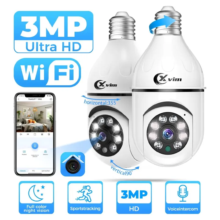3MP 2.4G/5G WiFi 1080P Bulb Surveillance Camera Home CCTV Hidden Cameras Real Night Vision Full Color Automatic Human Tracking Zoom Indoor Security Monitor Wifi Camera