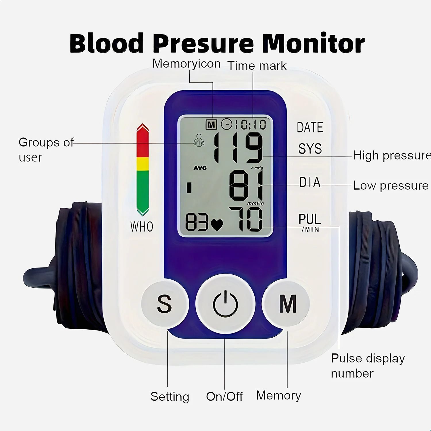 Portable Digital Upper Arm Blood Pressure Monitor Measurement Tool Portable LCD Digital Tonometer Sphygmomanometer Tensiometer Heart Rate Pulse Meter BP Monitor