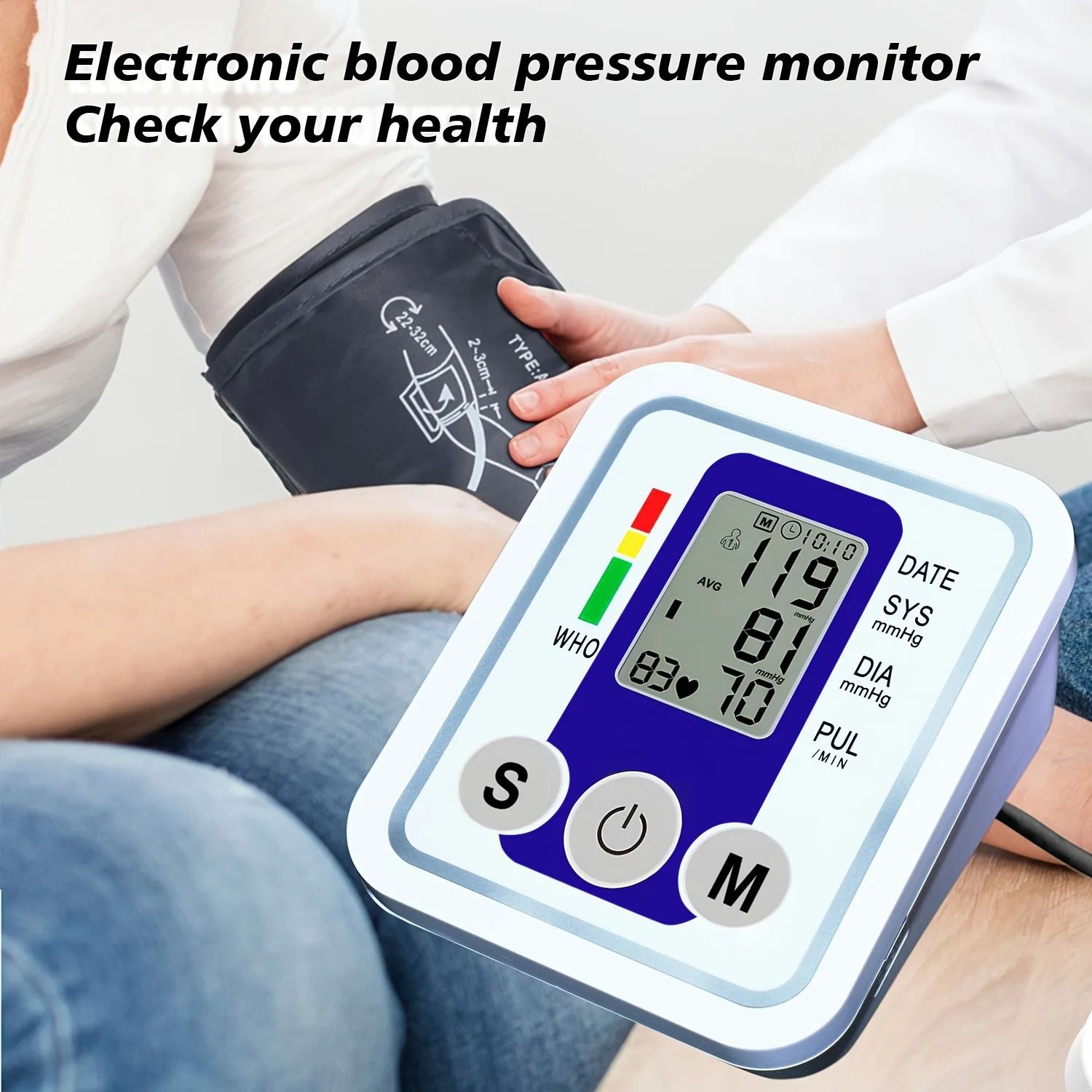 Portable Digital Upper Arm Blood Pressure Monitor Measurement Tool Portable LCD Digital Tonometer Sphygmomanometer Tensiometer Heart Rate Pulse Meter BP Monitor