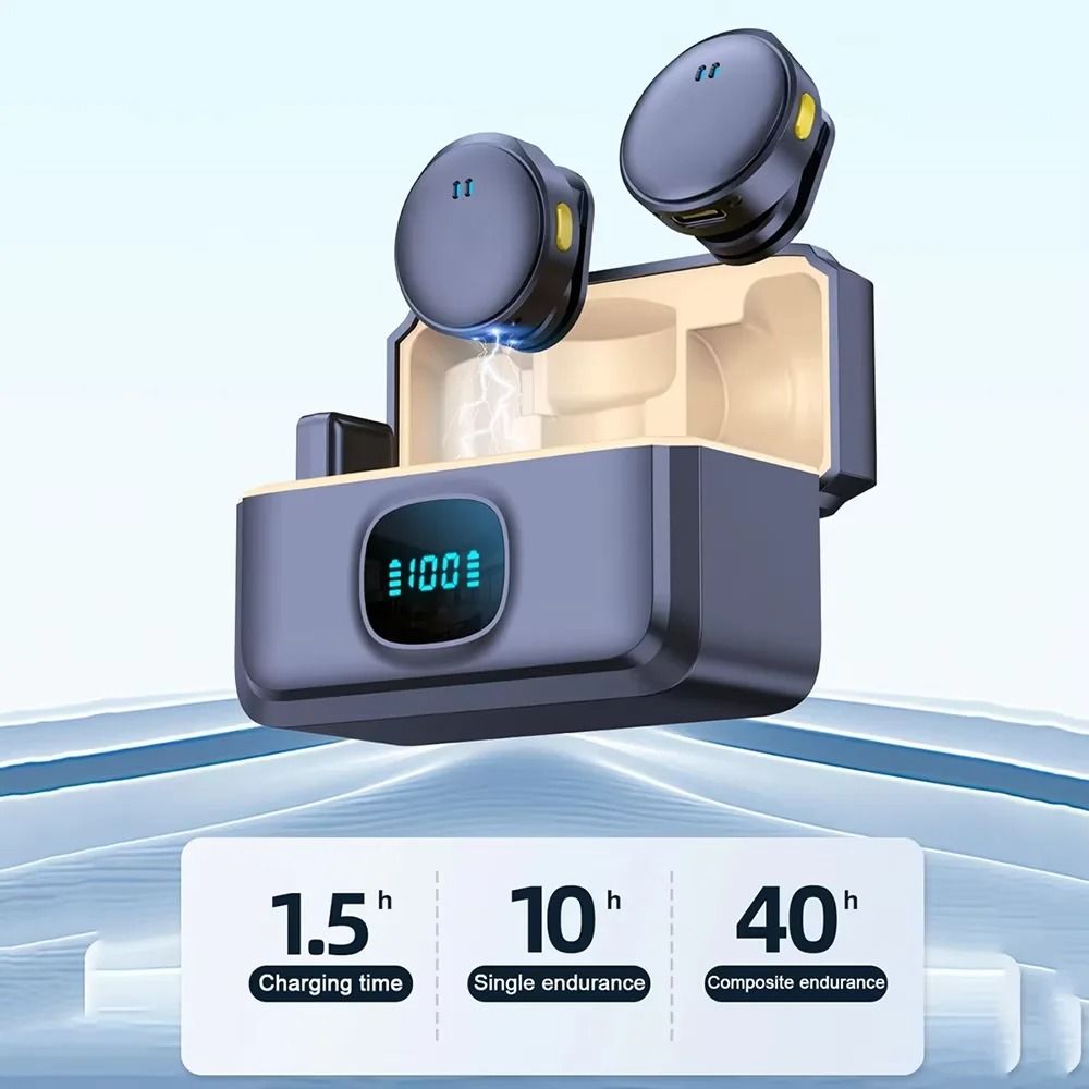 2pcs/set Wireless Magnetic Button Collar Microphone 164ft Range Lapel Mic 40H Battery Lavalier Mic with Charging Case for Video Recording With Power Bank