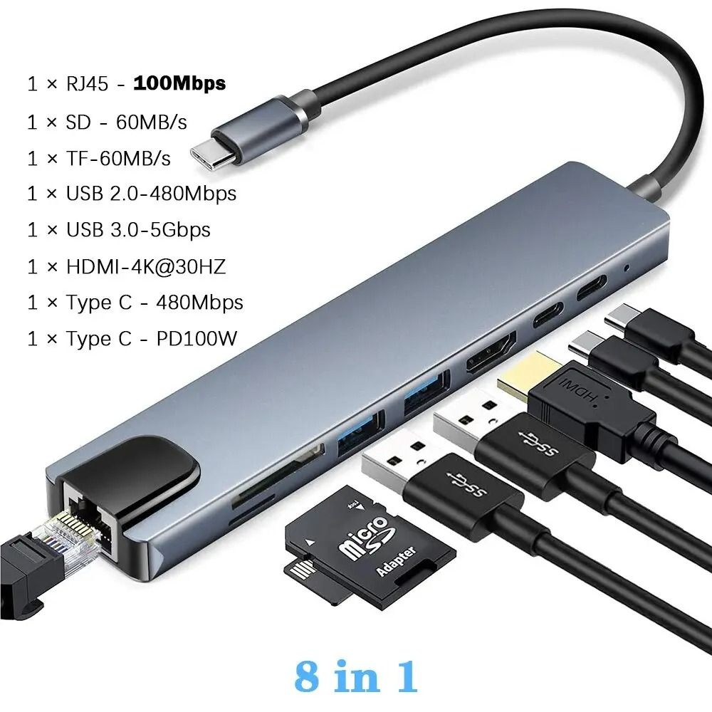 8/4 in 1 USB 3.0 Type C HUB USB C Docking Station to HDMI 4K 30HZ Type C to RJ45 100Mbps Ethernet Adapter VGA Extender Headphone PD 100W