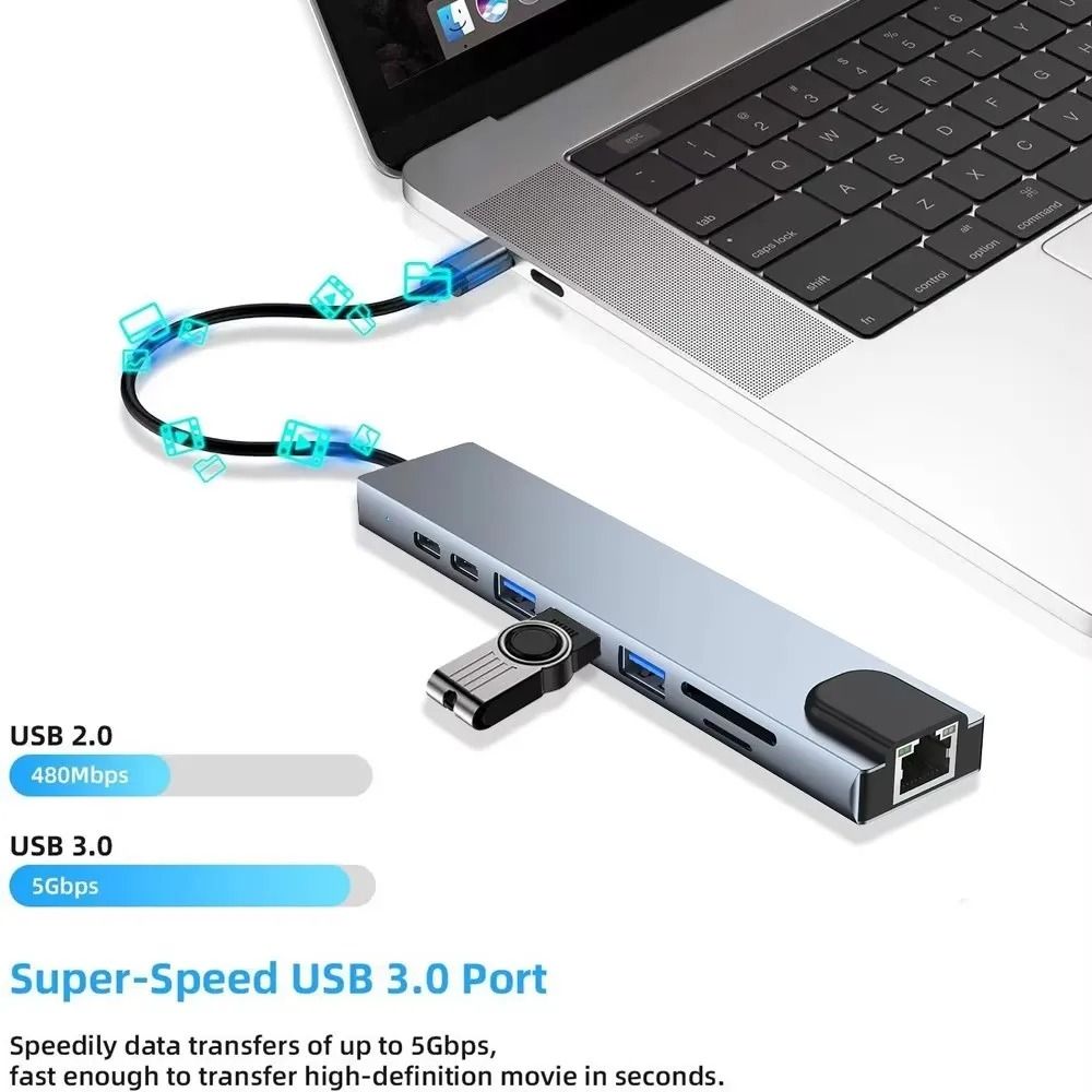 8/4 in 1 USB 3.0 Type C HUB USB C Docking Station to HDMI 4K 30HZ Type C to RJ45 100Mbps Ethernet Adapter VGA Extender Headphone PD 100W