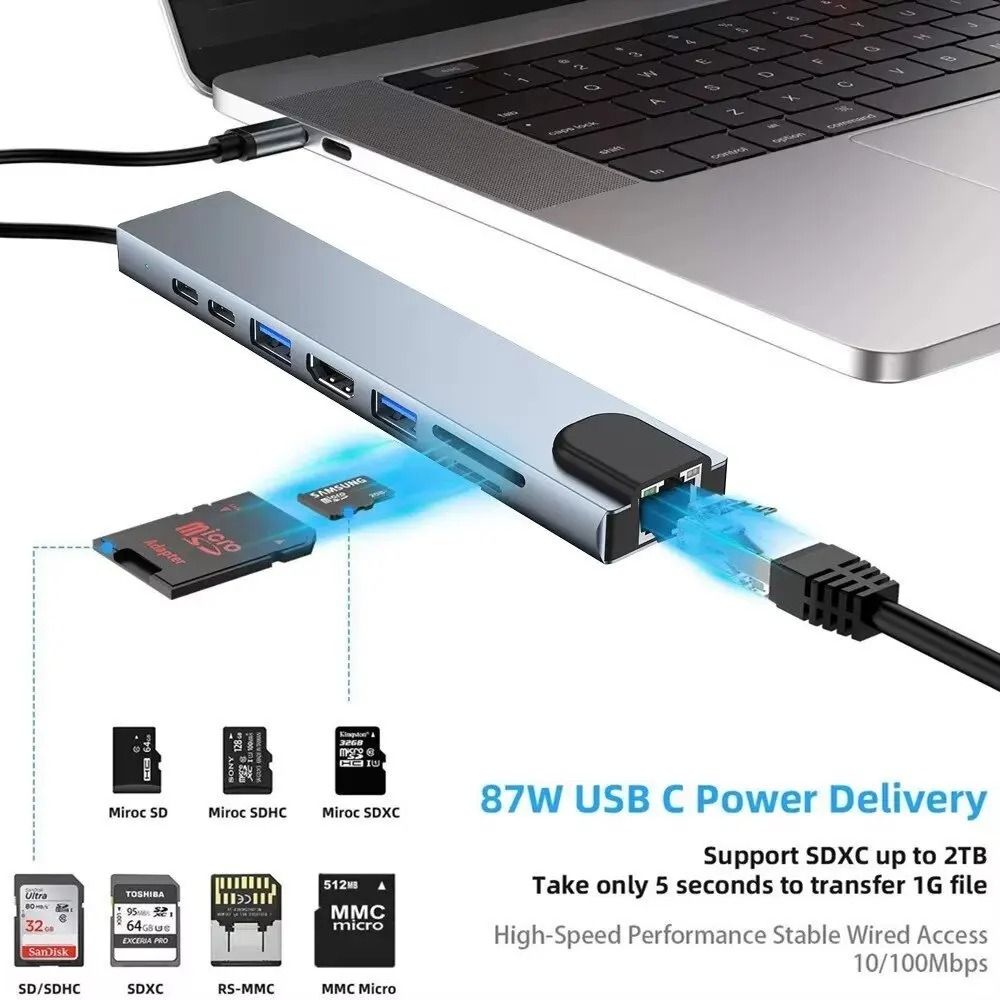 8/4 in 1 USB 3.0 Type C HUB USB C Docking Station to HDMI 4K 30HZ Type C to RJ45 100Mbps Ethernet Adapter VGA Extender Headphone PD 100W