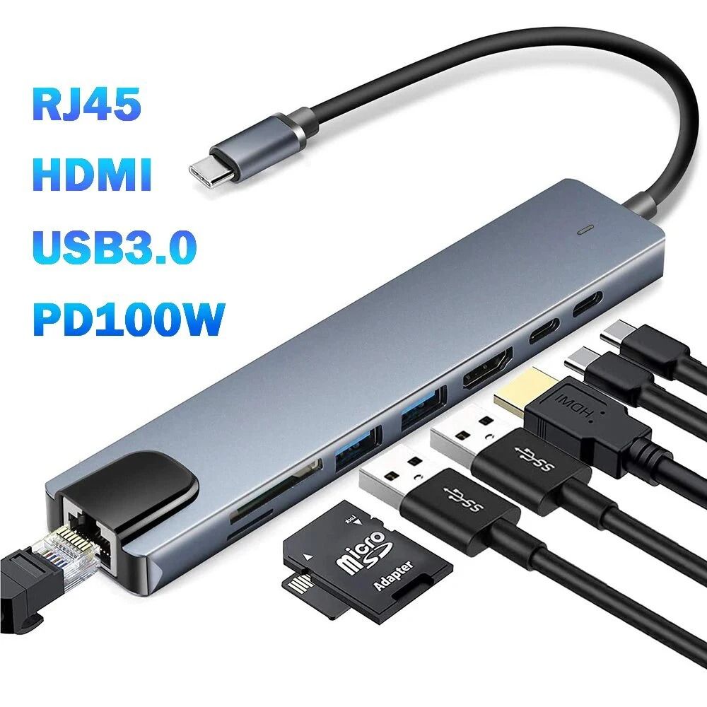 8/4 in 1 USB 3.0 Type C HUB USB C Docking Station to HDMI 4K 30HZ Type C to RJ45 100Mbps Ethernet Adapter VGA Extender Headphone PD 100W