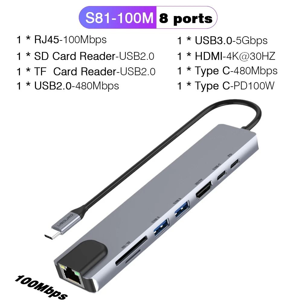 8/4 in 1 USB 3.0 Type C HUB USB C Docking Station to HDMI 4K 30HZ Type C to RJ45 100Mbps Ethernet Adapter VGA Extender Headphone PD 100W