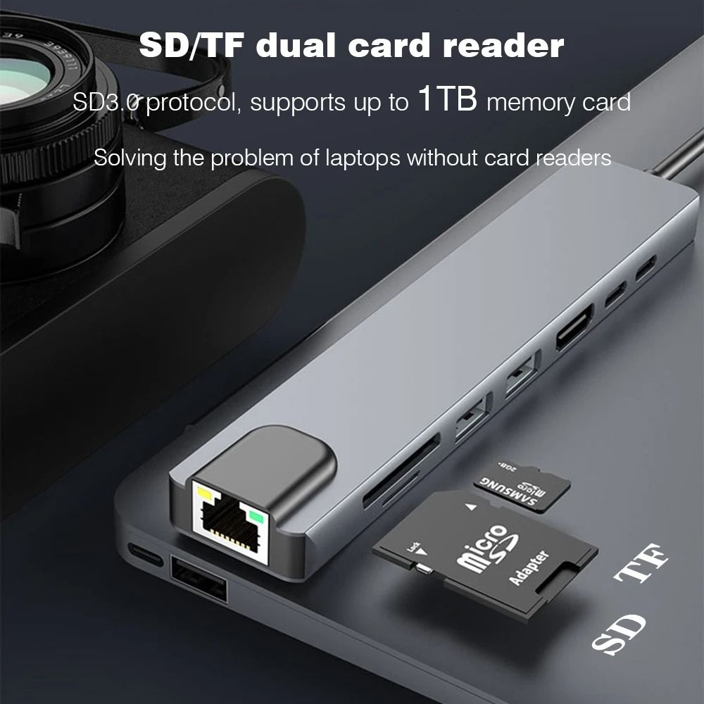 8/4 in 1 USB 3.0 Type C HUB USB C Docking Station to HDMI 4K 30HZ Type C to RJ45 100Mbps Ethernet Adapter VGA Extender Headphone PD 100W