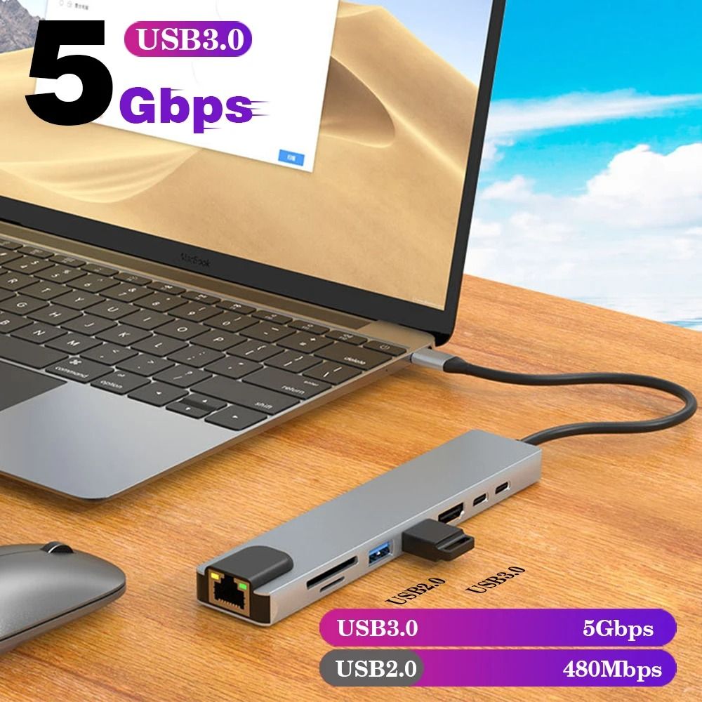 8/4 in 1 USB 3.0 Type C HUB USB C Docking Station to HDMI 4K 30HZ Type C to RJ45 100Mbps Ethernet Adapter VGA Extender Headphone PD 100W