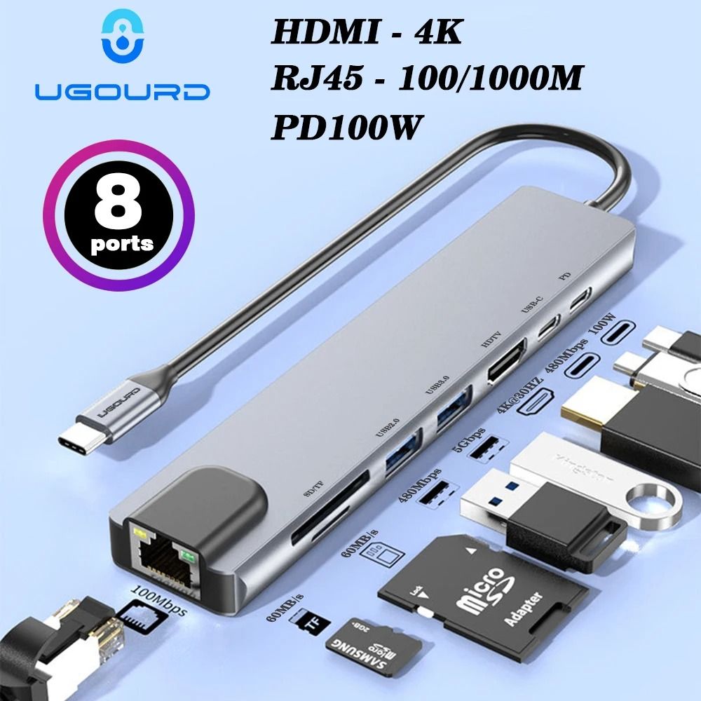 8/4 in 1 USB 3.0 Type C HUB USB C Docking Station to HDMI 4K 30HZ Type C to RJ45 100Mbps Ethernet Adapter VGA Extender Headphone PD 100W