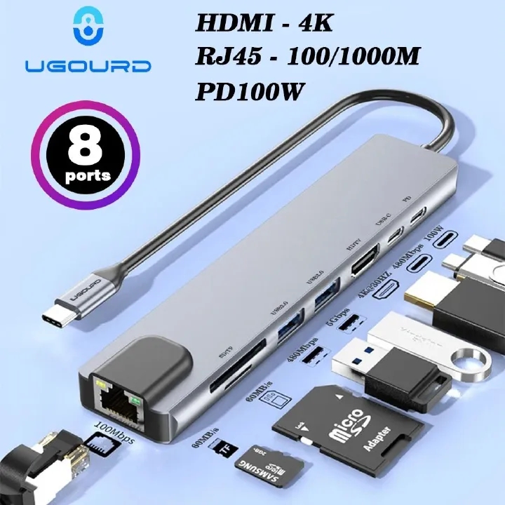 8/4 in 1 USB 3.0 Type C HUB USB C Docking Station to HDMI 4K 30HZ Type C to RJ45 100Mbps Ethernet Adapter VGA Extender Headphone PD 100W