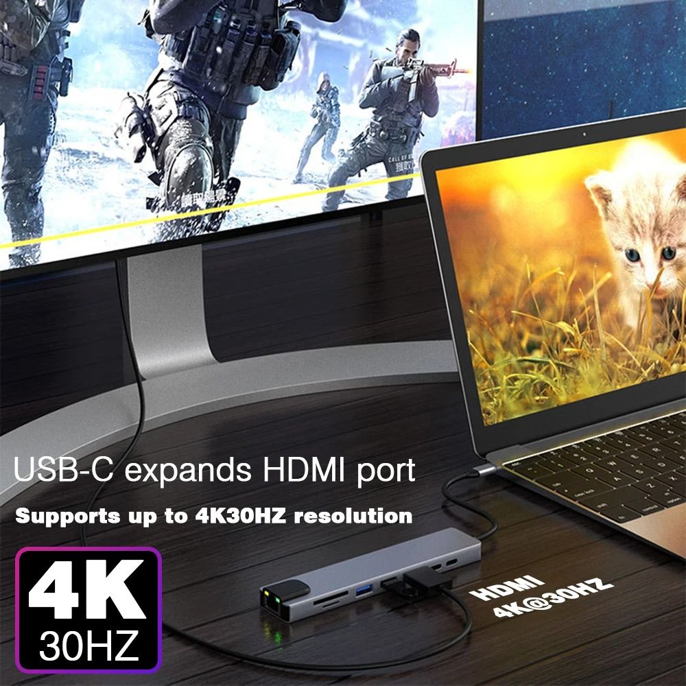 8/4 in 1 USB 3.0 Type C HUB USB C Docking Station to HDMI 4K 30HZ Type C to RJ45 100Mbps Ethernet Adapter VGA Extender Headphone PD 100W