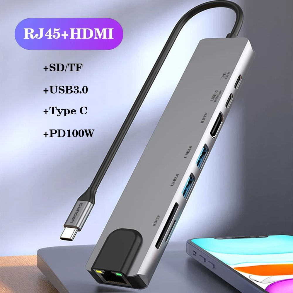 8/4 in 1 USB 3.0 Type C HUB USB C Docking Station to HDMI 4K 30HZ Type C to RJ45 100Mbps Ethernet Adapter VGA Extender Headphone PD 100W