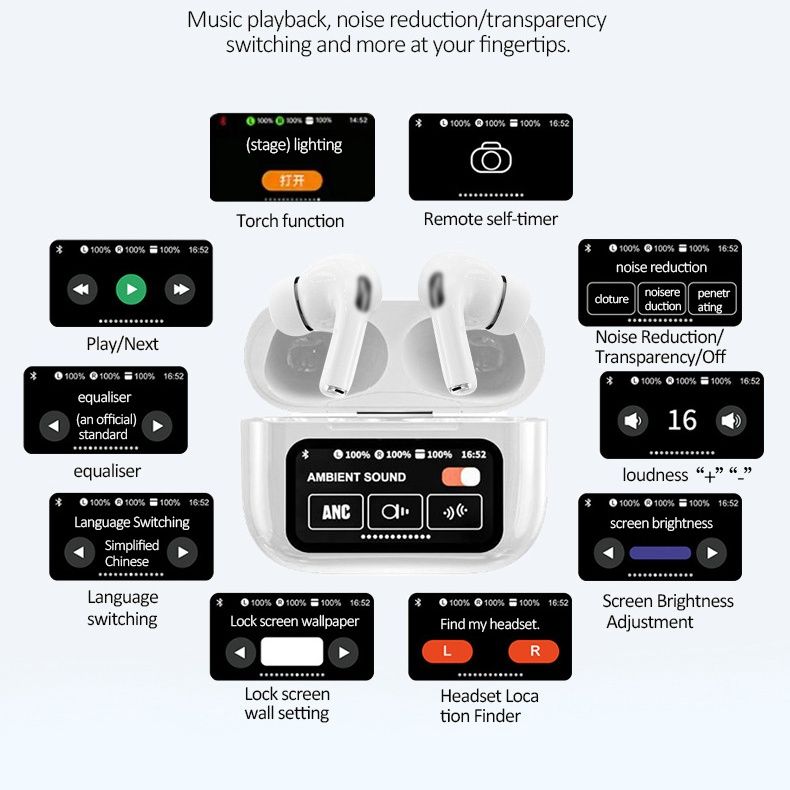 A9 Pro Smart Touch Screen True Wireless Earbuds TWS Bluetooth 5.4 Stereo Game Earphone HIFI Noise Reduction Music Headphone
