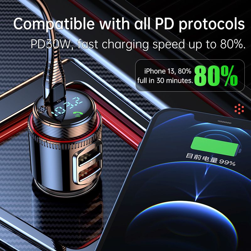 Bluetooth 5.4 Car Kit Wireless FM Transmitter 30W PD Quick Charger Car Dual USB Fast Charger Audio Mp3 Player