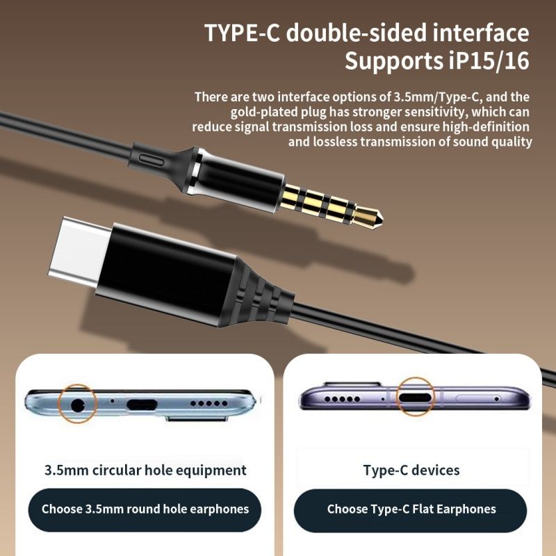 3.5mm/Type-c Wired Earphone New Design In-ear Stereo Music Headphone with HD Microphone