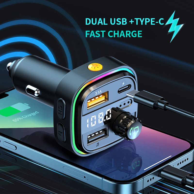Colorful Breathing Light Car USB Phone Charger Wireless FM Transmitter Bluetooth Car Kit 20W PD Quick Charger Audio Mp3 Player