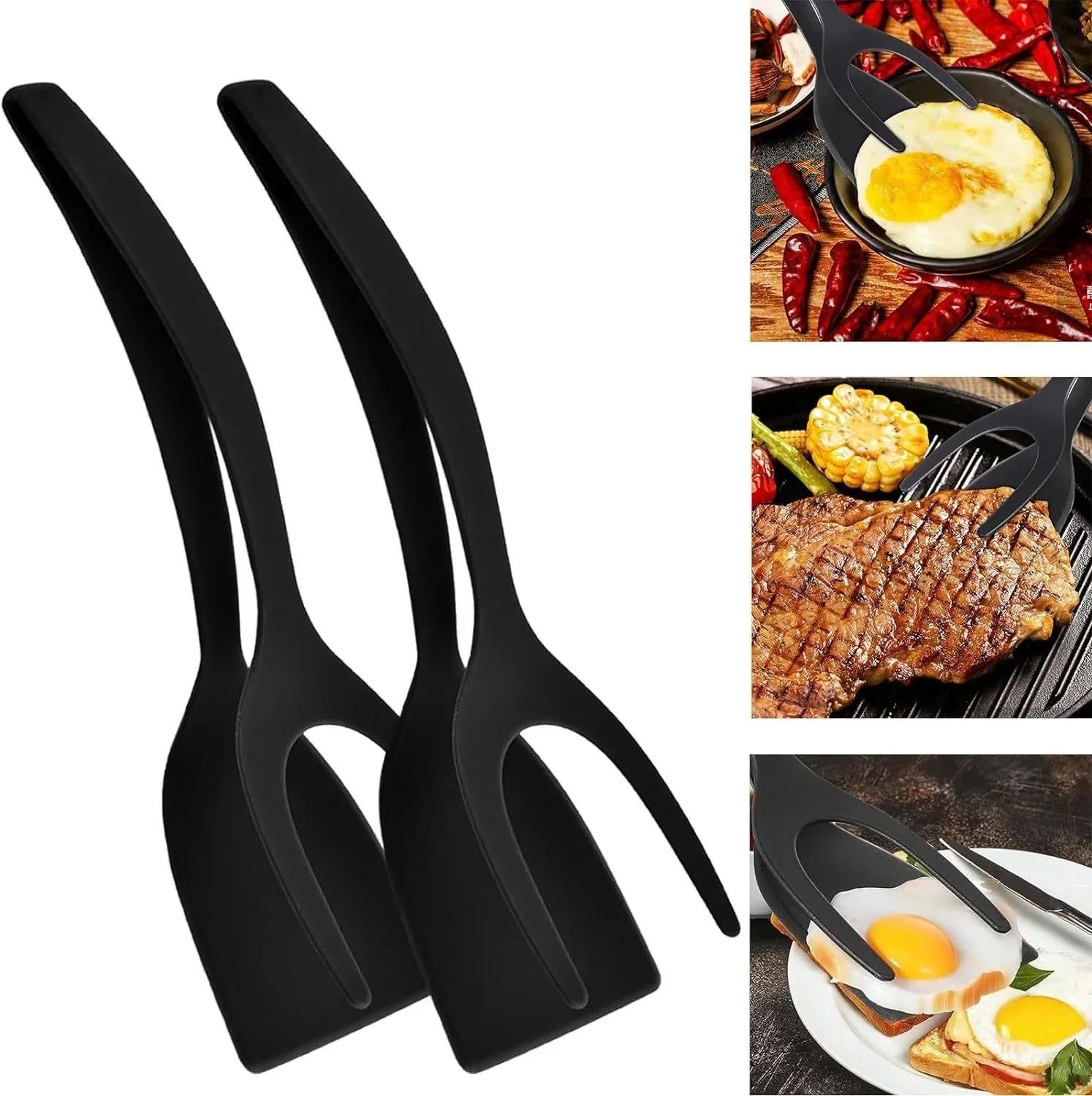 New 2 in 1 Grip Flip Spatula Tongs Egg Flipper Spatula Nylon Non Stick Coating Pancake Fish French Toast Omelet Making Tool
