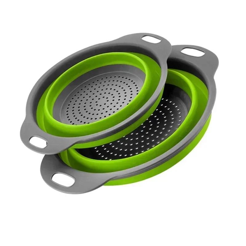 2pcs Silicone Round Folding Vegetable Fruits Washing Drain Basket Colander Strainer Collapsible Drainer Kitchen Tool Cookware Sets Cooking