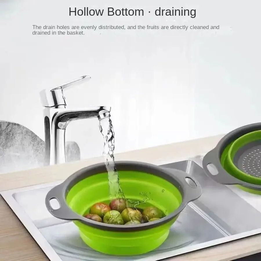 2pcs Silicone Round Folding Vegetable Fruits Washing Drain Basket Colander Strainer Collapsible Drainer Kitchen Tool Cookware Sets Cooking