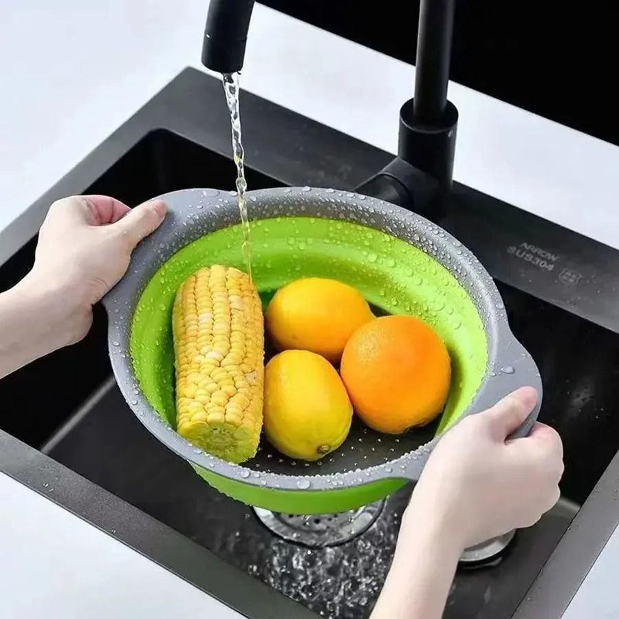 2pcs Silicone Round Folding Vegetable Fruits Washing Drain Basket Colander Strainer Collapsible Drainer Kitchen Tool Cookware Sets Cooking