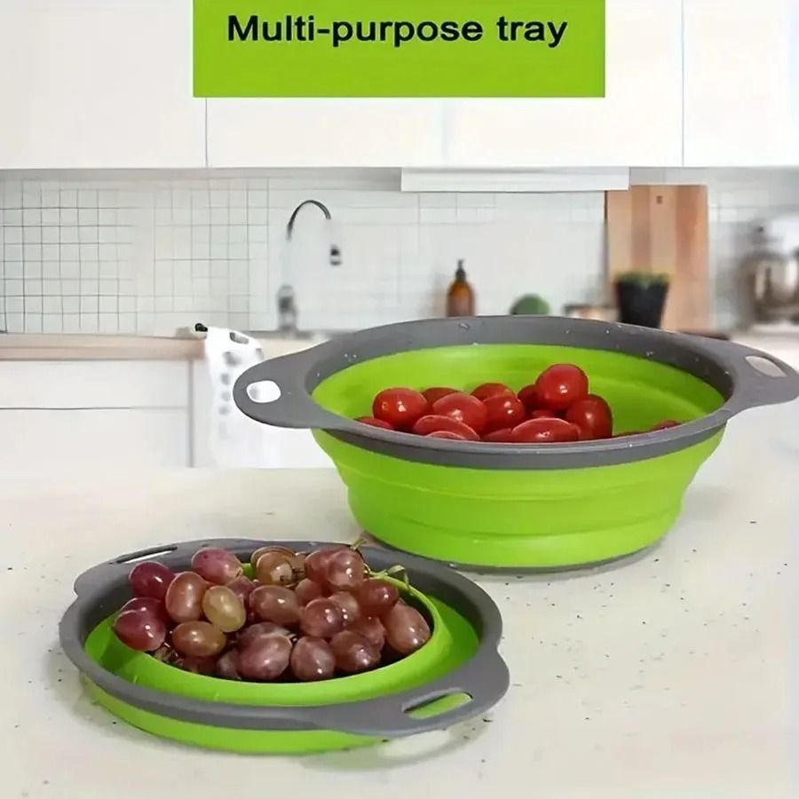 2pcs Silicone Round Folding Vegetable Fruits Washing Drain Basket Colander Strainer Collapsible Drainer Kitchen Tool Cookware Sets Cooking